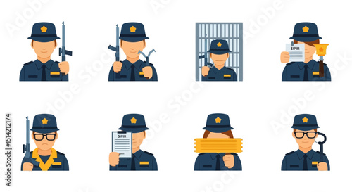Eight Cartoon Prison Guards with Various Items and Expressions