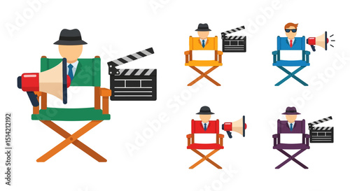 Five stylized film directors with megaphones and clapperboards on directors chairs