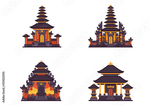 Four Balinese Hindu Temples or Shrines with MultiTiered Pagoda Roofs