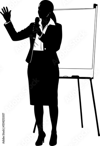 Silhouette of Businesswoman Giving Presentation with Flip Chart – Confident Female Speaker Vector Illustration