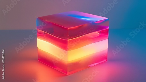 Glowing cube of gelatin with layers of shifting neon colors resembling a futuristic food structure