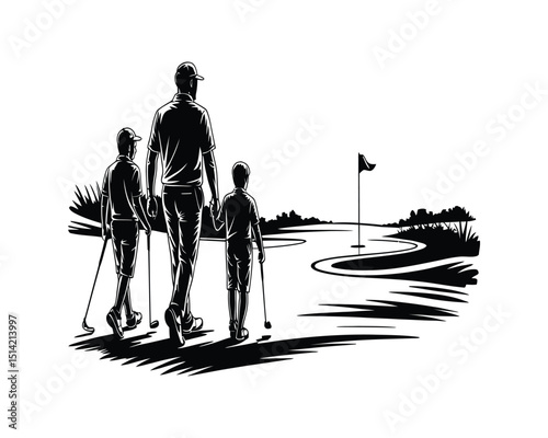 A family of four silhouetted against a landscape with a golf course, dramatic lighting, moody atmosphere, black and white, digital art, illustration,  Little boy with dad, fathers day 