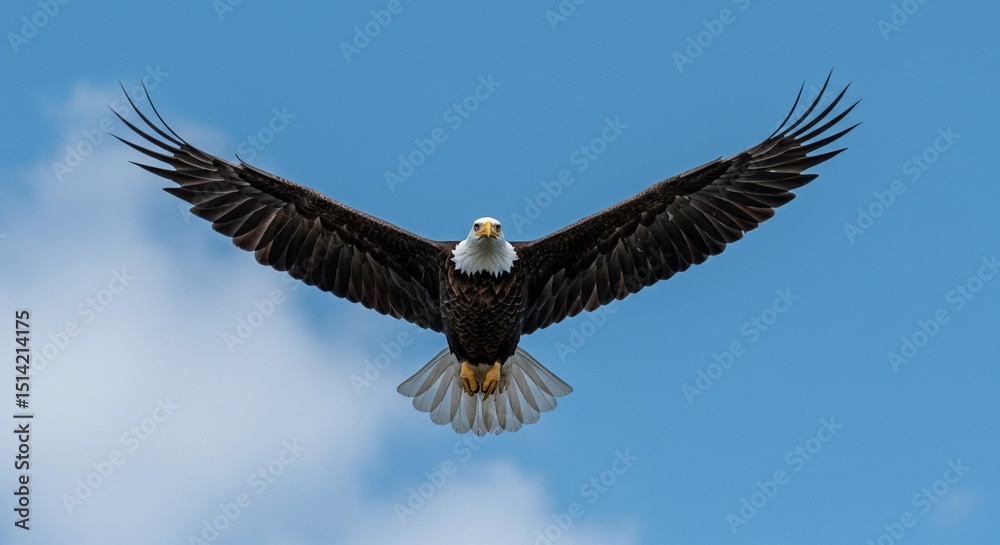 Naklejka premium A bald eagle in mid-flight with wings fully spread against a blue sky