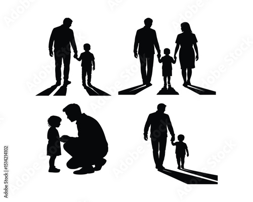 character silhouette, family silhouette, father and child, mother and child, child and parent, black and white illustration,family son and father, grandfather, logo icon collection,Father with son