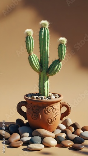 A pink flower blooms atop a potted succulent cactus, a botanical object of spring nature