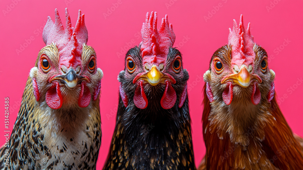 Fototapeta premium Quirky trio of chickens striking a pose against a vibrant pink backdrop in a humorous farmyard portrait showcasing