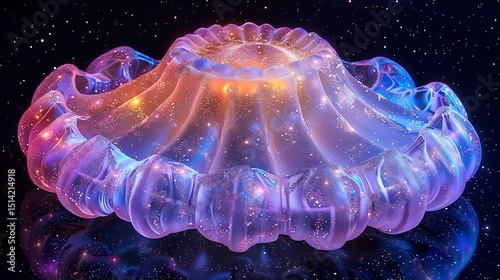 Glowing neon jellyfish made entirely of translucent gummy candy floating in a cosmic sea