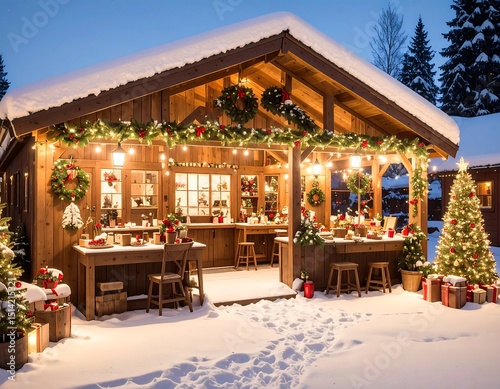 Snowy Christmas cabin at night