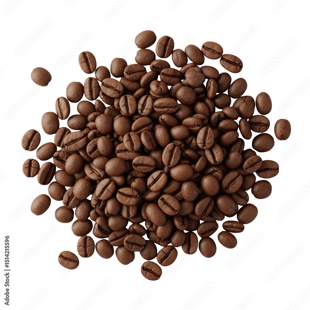Obraz premium Pile of roasted coffee beans, top view, on transparent background
