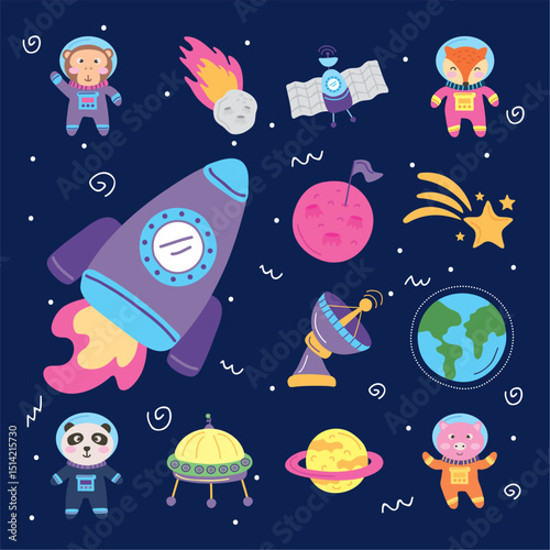 set of space icons kids boy girl astronout star light