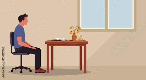 Man sits in silence at a table, staring at a vase of withered flower and open book left unread, concept of emotional fatigue, inner emptiness, or quiet reflection, flat vector illustration