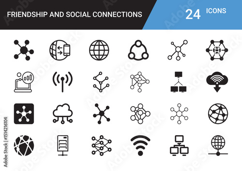 Social Connection Icons: A comprehensive array of minimalistic vector icons representing global network and digital social connections, ideal for illustrating technology, data flow.