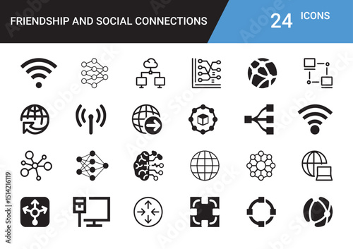 Networking and Communication: A comprehensive collection of 24 icons, meticulously crafted to visually represent a wide array of network concepts and social connections, ideal for digital designs.