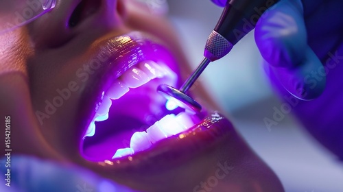 Glowing UV light being used to harden a dental filling inside a tooth clean modern dental office background