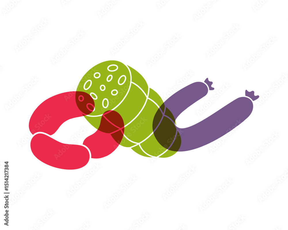 Fototapeta premium Sausage color icons. Cheese sausages, thick sausages. Butcher shop meat logo template. Vector illustration.