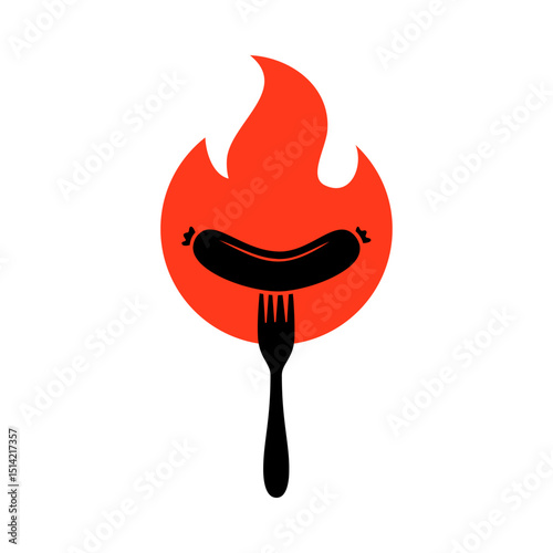 Grilled sausage on fork icon. Butchery sausages menu. Logotype template for food market, ecommerce, organic products promotion. Vector illustration.