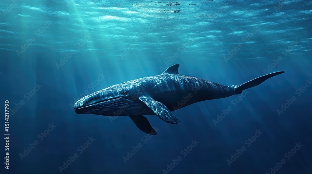 Obraz premium Majestic whale swimming in deep ocean waters.