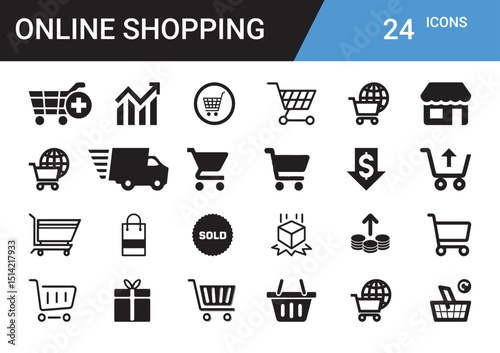 Online Shopping Icon Set: A versatile collection of 24 vector icons representing various aspects of online shopping, e-commerce, and digital commerce, showcasing the convenience of modern retail.