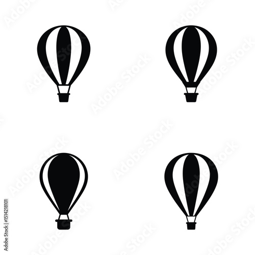 Hot Air Balloon Set Icons Black Silhouette on White Isolated Background