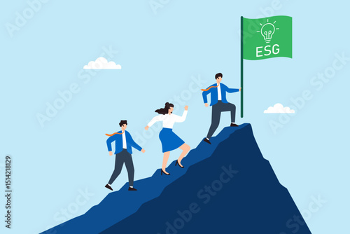 Flat illustration of employees climbing mountain with green ESG lightbulb as corporate sustainability flag