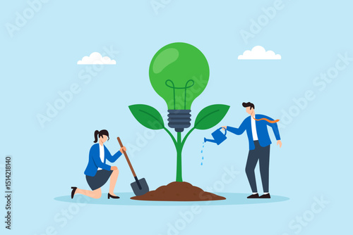 Flat illustration of employees planting green lightbulb tree in office soil representing renewable corporate culture