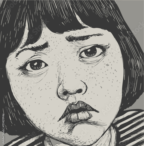 Cartoon, comic, sad face, chubby cheeks, black and grey sketch, drawing, arty smart Asian girl, hipster face, close up vector illustration, pop retro vintage hip cool fashion girl geek