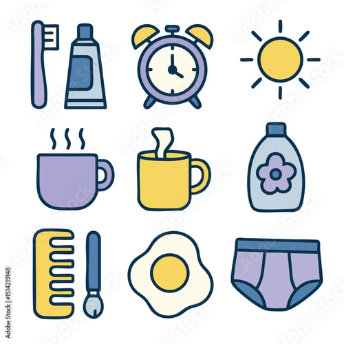Morning routine icons including toothbrush toothpaste alarm clock sun coffee cup detergent comb