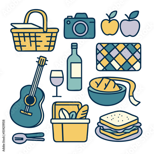 Picnic basket with food, camera, and guitar creates joyful outdoor scene