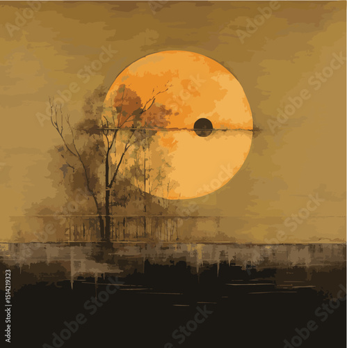 Background landscape, eerie moon orange golden brown silhouette horizon sunset sunrise artistic creative oil painting look with lone tree winter dark minimalist earthy tones vector illustration