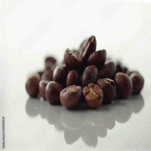 A small pile of dark roasted coffee beans sits on a reflective white surface, with a few beans slightly split open showing the inner bean.