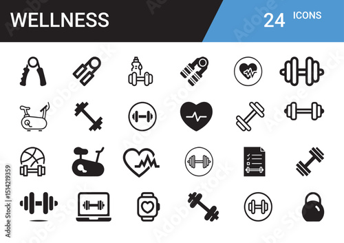 Wellness Icon Set: A comprehensive collection of twenty-four essential icons representing various aspects of physical and mental well-being. Designed in a clean, simple, and modern style.