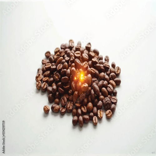A small pile of roasted coffee beans sits on a white surface, with a warm, glowing light emanating from the center of the pile, creating a visually appealing and inviting image.