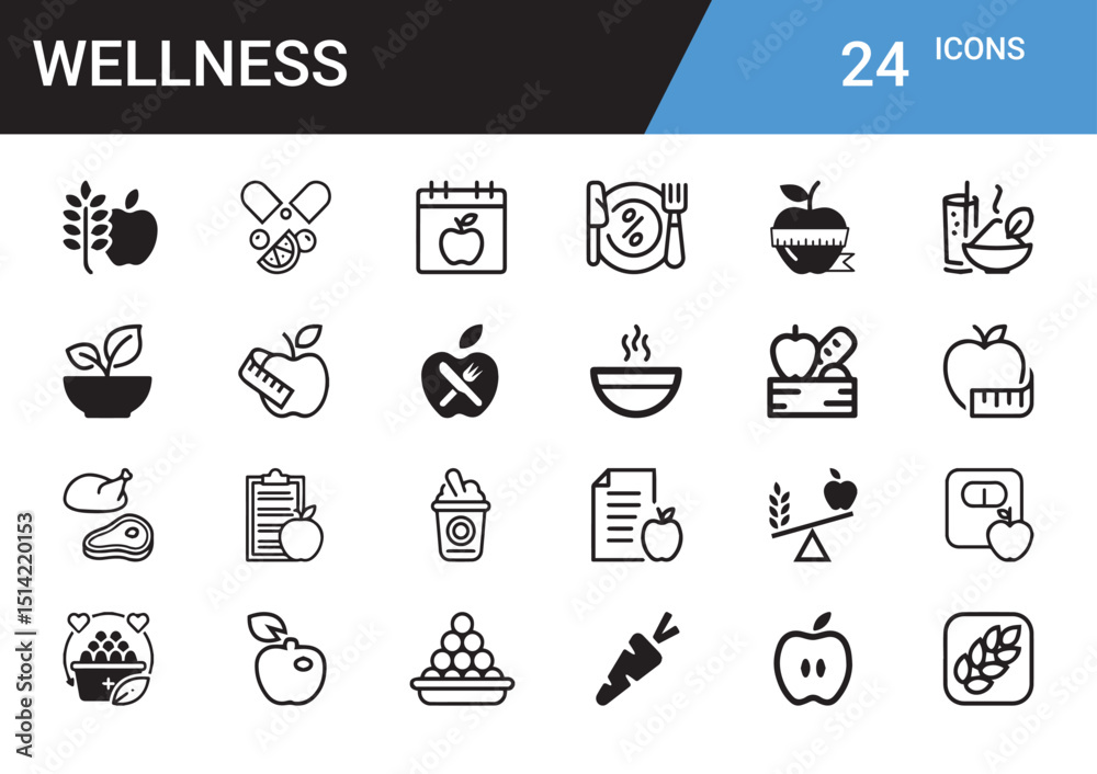 Wellness Icons: A collection of meticulously crafted wellness icons, representing a holistic approach to well-being, highlighting healthy eating, fitness, and mindful living. Wellness Icons: A collection of meticulously crafted wellness icons, representing a holistic approach to well-being, highlighting healthy eating, fitness, and mindful living.