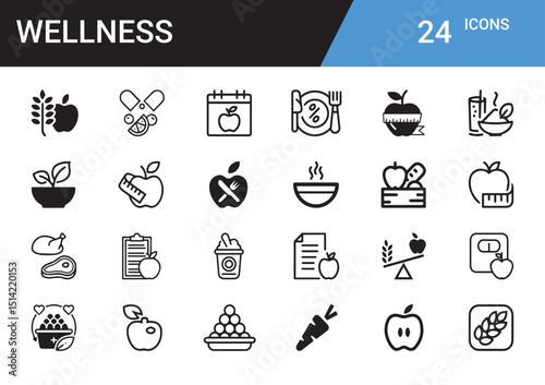 Wellness Icons: A collection of meticulously crafted wellness icons, representing a holistic approach to well-being, highlighting healthy eating, fitness, and mindful living.