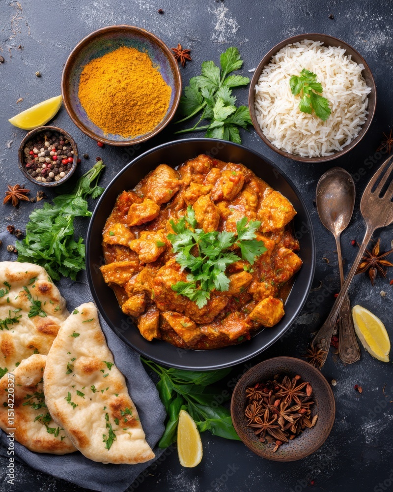 Flavorful Chicken Curry with Rice and Naan on Dark Background Flavorful Chicken Curry with Rice and Naan on Dark Background