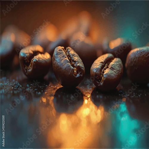 Three coffee beans rest prominently in the foreground, sharply in focus, against a blurred background of more coffee beans and a bokeh effect of warm orange and cool teal hues, suggesting a rich,