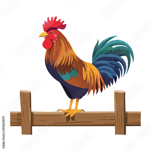 Rooster Perched on Wooden Fence