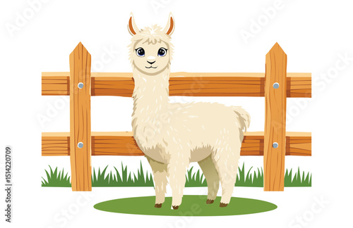 Cute Llama Standing by Wooden Fence