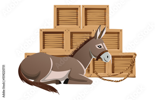Donkey Resting Beside Wooden Crates