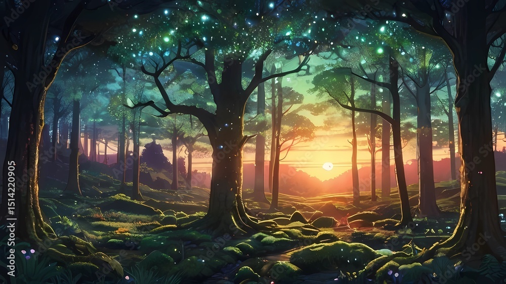 Obraz premium ゲーム背景 美しいグラデーション空の夜明け前森の風景