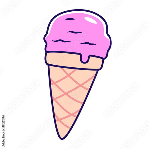 A scoop of melting strawberry ice cream in a waffle cone, illustration.