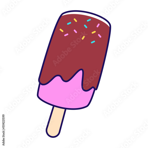A refreshing chocolate-dipped ice pop adorned with colorful sprinkles, a delightful treat.