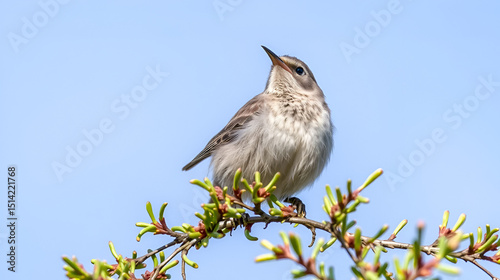 Adult male Lesser whitethroat (Curruca curruca) sings his cute song as he sits on small bush branches