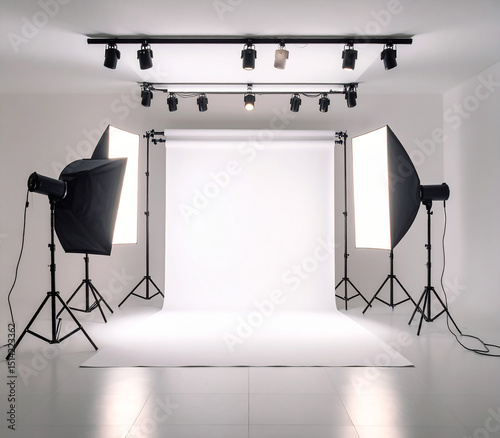 photographic studio white backdrop paper roll with lights, nobody, made with generative ai	
