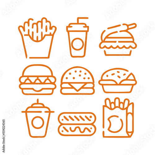 Orange Fast Food Line Icons Set