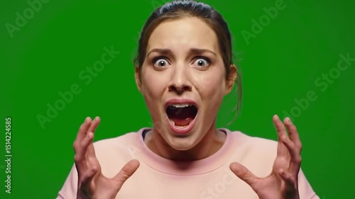 Dramatic screaming woman in pink on green screen. Emotional expression with splayed fingers and wide mouth. Stock photo of intense reaction shot.