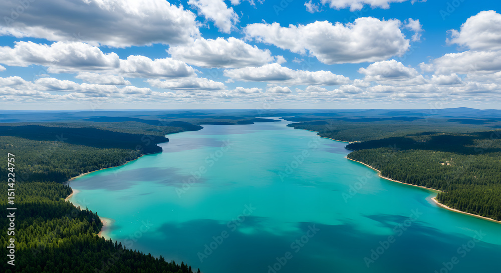 Fototapeta premium An expansive aerial view of a vibrant blue lake or river cutting through a dense green forest, under a clear sky, highlighting the beauty of untouched wilderness.