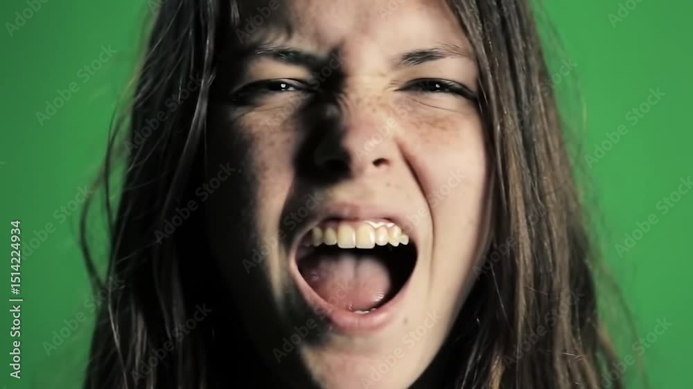 Intense emotional expression on green screen. Dramatic lighting with shouting pose. Solid background for easy editing. Intense emotional expression on green screen. Dramatic lighting with shouting pose. Solid background for easy editing.
