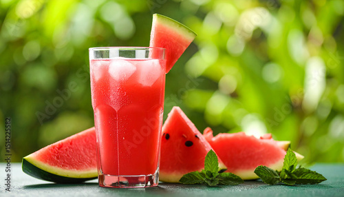 Watermelon and watermelon juice on a blurry natural background. A healthy summer drink concept.