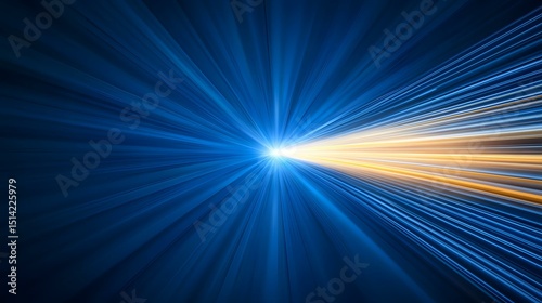 The image shows an abstract representation of speed and light, with radiating lines of blue and gold converging towards a bright central point. photo